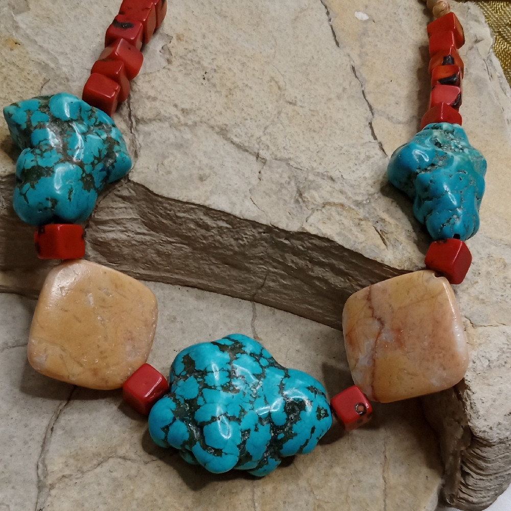 Chunky Large Turquoise and Red Coral Jasper Stone Necklace